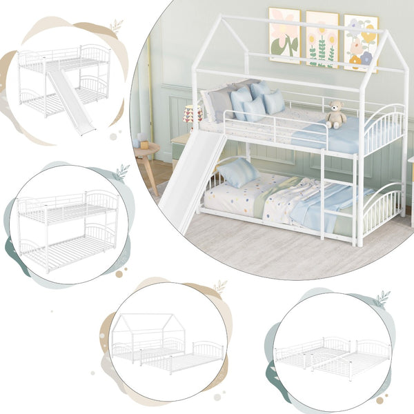English Elm Twin Over Kids House Bunk Bed with Slide Powder Coated Metal Frame White MF313919AAK