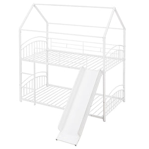 English Elm Twin Over Kids House Bunk Bed with Slide Powder Coated Metal Frame White MF313919AAK