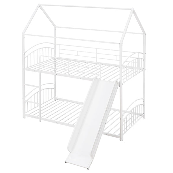 English Elm Twin Over Kids House Bunk Bed with Slide Powder Coated Metal Frame White MF313919AAK