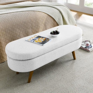 English Elm Ottoman Oval Pleated Linen Storage Bench with Rubberwood Legs for Bedroom Entryway W48764885
