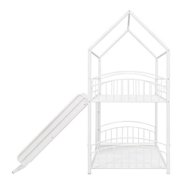 English Elm Twin Over Kids House Bunk Bed with Slide Powder Coated Metal Frame White MF313919AAK