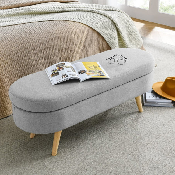 English Elm Ottoman Oval Lift Top Storage Bench Pleated Linen Upholstery Rubberwood Legs Bedroom W48764884