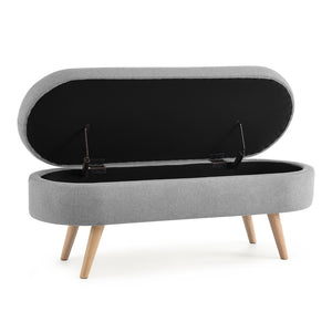 English Elm Ottoman Oval Lift Top Storage Bench Pleated Linen Upholstery Rubberwood Legs Bedroom W48764884