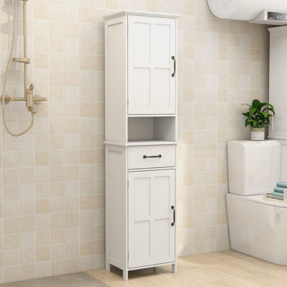 English Elm Double Door Slim Floor Cabinet Carved Detail Mdf Build for Bathroom or Entryway W28263146