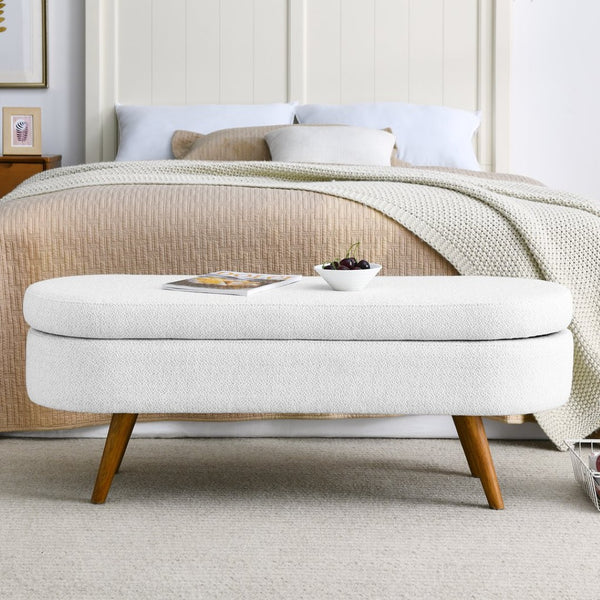 English Elm Ottoman Oval Pleated Linen Storage Bench with Rubberwood Legs for Bedroom Entryway W48764885