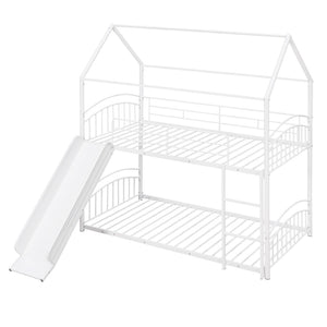 English Elm Twin Over Kids House Bunk Bed with Slide Powder Coated Metal Frame White MF313919AAK
