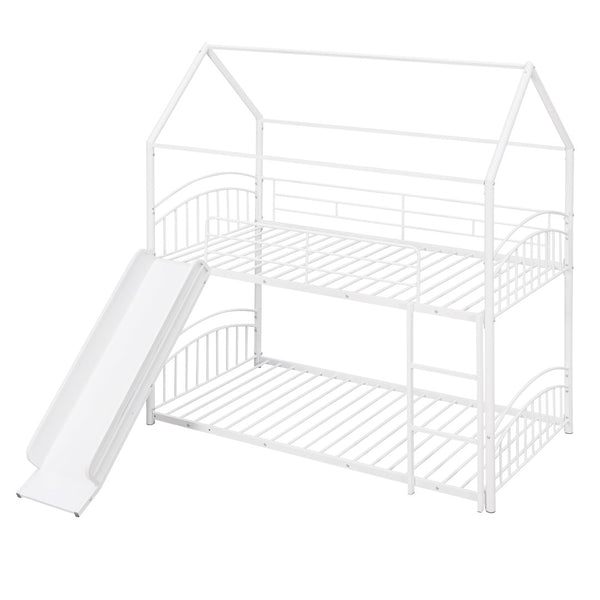 English Elm Twin Over Kids House Bunk Bed with Slide Powder Coated Metal Frame White MF313919AAK