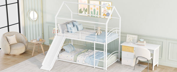 English Elm Twin Over Kids House Bunk Bed with Slide Powder Coated Metal Frame White MF313919AAK