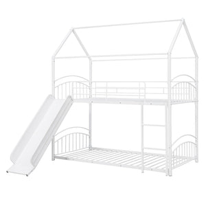 English Elm Twin Over Kids House Bunk Bed with Slide Powder Coated Metal Frame White MF313919AAK