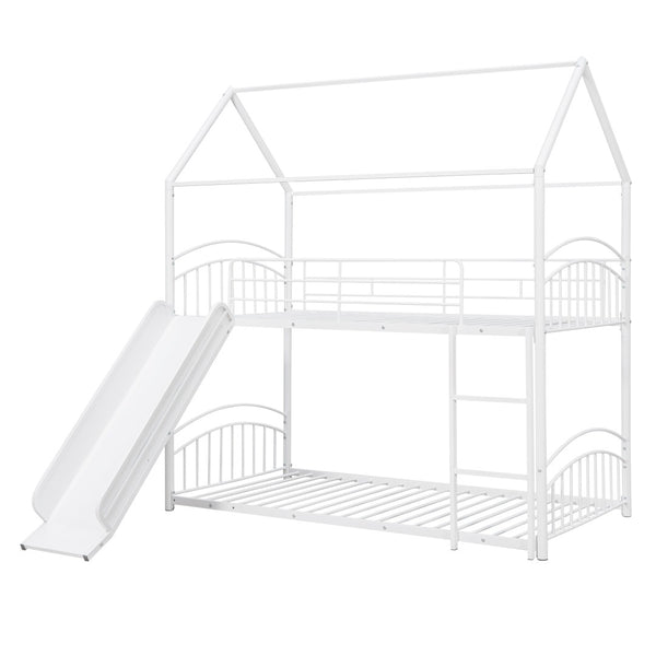 English Elm Twin Over Kids House Bunk Bed with Slide Powder Coated Metal Frame White MF313919AAK