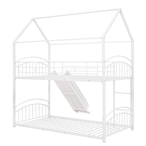 English Elm Twin Over Kids House Bunk Bed with Slide Powder Coated Metal Frame White MF313919AAK