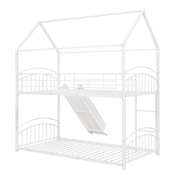 English Elm Twin Over Kids House Bunk Bed with Slide Powder Coated Metal Frame White MF313919AAK