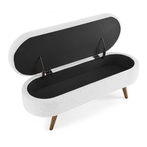 English Elm Ottoman Oval Pleated Linen Storage Bench with Rubberwood Legs for Bedroom Entryway W48764885