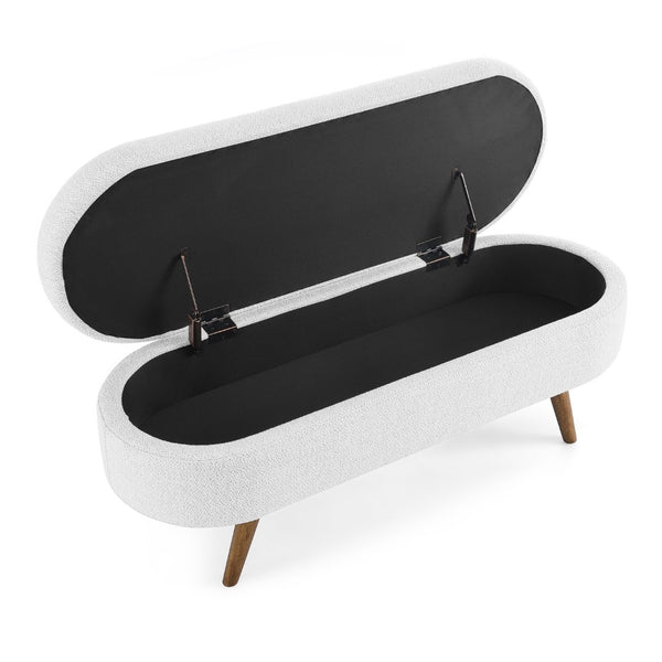 English Elm Ottoman Oval Pleated Linen Storage Bench with Rubberwood Legs for Bedroom Entryway W48764885