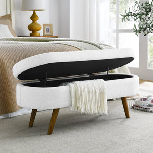 English Elm Ottoman Oval Pleated Linen Storage Bench with Rubberwood Legs for Bedroom Entryway W48764885
