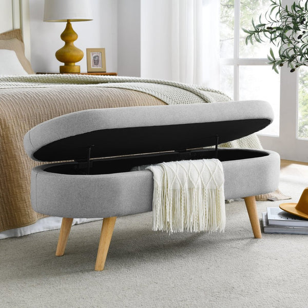 English Elm Ottoman Oval Lift Top Storage Bench Pleated Linen Upholstery Rubberwood Legs Bedroom W48764884