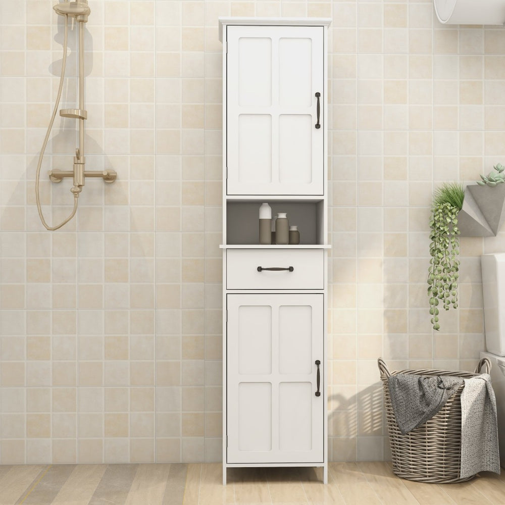 English Elm Double Door Slim Floor Cabinet Carved Detail Mdf Build for Bathroom or Entryway W28263146