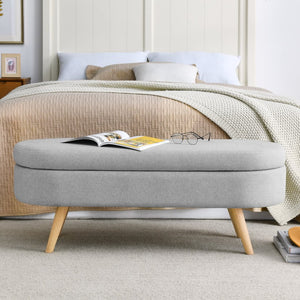 English Elm Ottoman Oval Lift Top Storage Bench Pleated Linen Upholstery Rubberwood Legs Bedroom W48764884