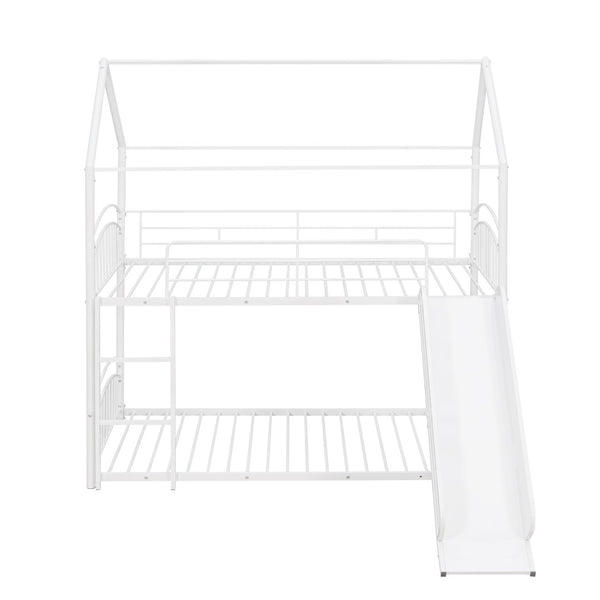 English Elm Twin Over Kids House Bunk Bed with Slide Powder Coated Metal Frame White MF313919AAK