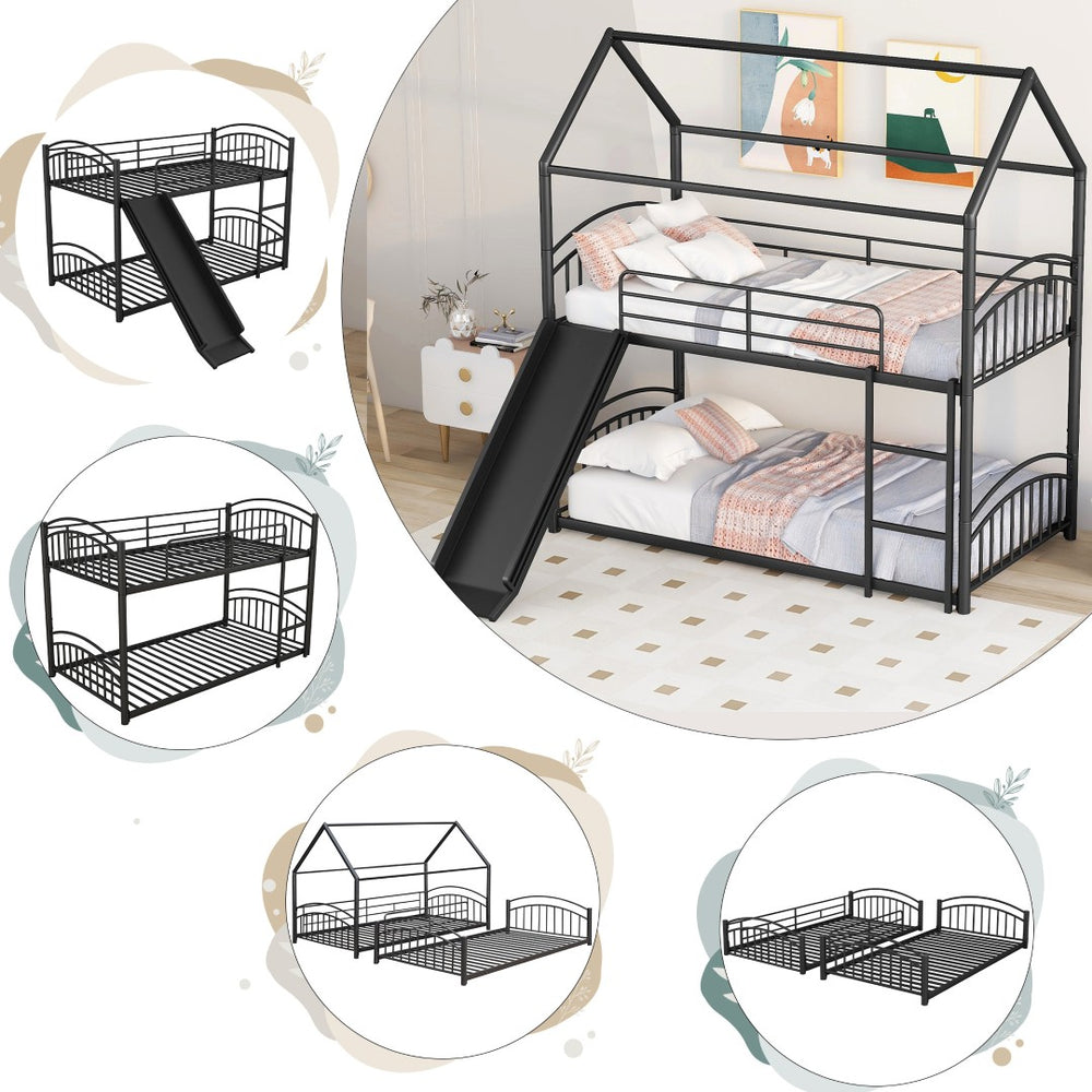 English Elm Twin Over Kids House Bunk Bed with Slide Powder Coated Metal Frame Black MF313919AAB