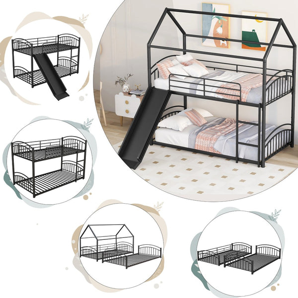 English Elm Twin Over Kids House Bunk Bed with Slide Powder Coated Metal Frame Black MF313919AAB
