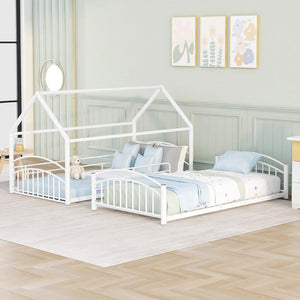 English Elm Twin Over Kids House Bunk Bed with Slide Powder Coated Metal Frame White MF313919AAK