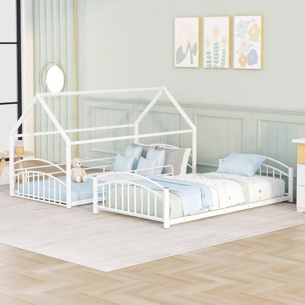 English Elm Twin Over Kids House Bunk Bed with Slide Powder Coated Metal Frame White MF313919AAK