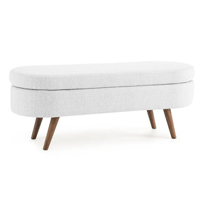 English Elm Ottoman Oval Pleated Linen Storage Bench with Rubberwood Legs for Bedroom Entryway W48764885