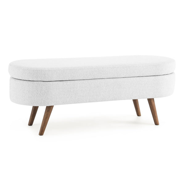 English Elm Ottoman Oval Pleated Linen Storage Bench with Rubberwood Legs for Bedroom Entryway W48764885