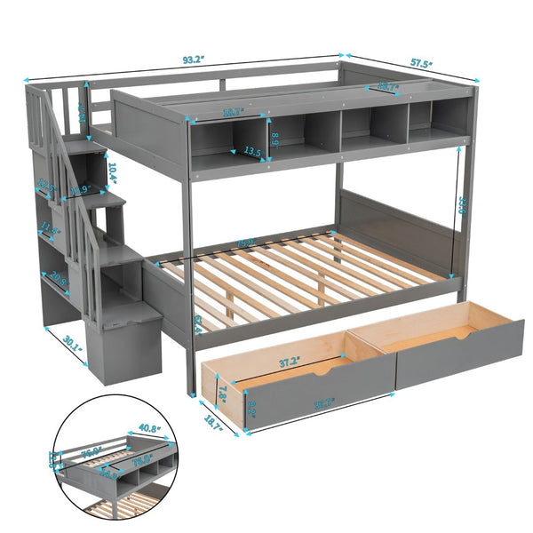 English Elm Twin Over Full Bunk Bed with Storage Staircase Built-in Shelves and Two Drawers Gray LT000228AAE-1