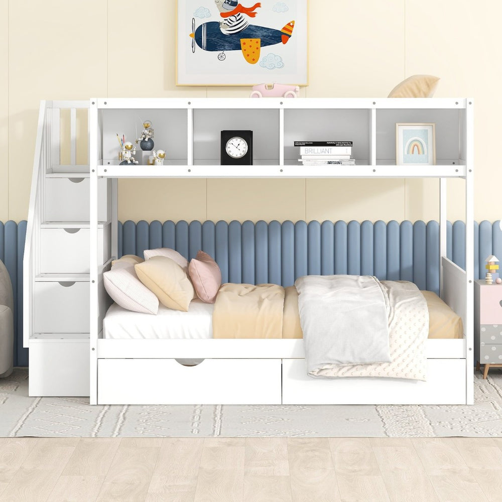 English Elm Twin Over Full Bunk Bed with Storage Staircase Built-in Shelves and Two Drawers White LT000228AAK-2