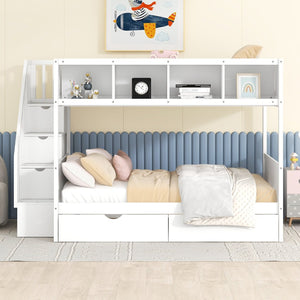 English Elm Twin Over Full Bunk Bed with Storage Staircase Built-in Shelves and Two Drawers White LT000228AAK-2