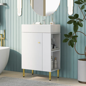 English Elm 21.6" White Bathroom Vanity with Ceramic Sink, Right Side Storage, Gold Legs, Soft-Close, Modern Elegance SV000006AAE