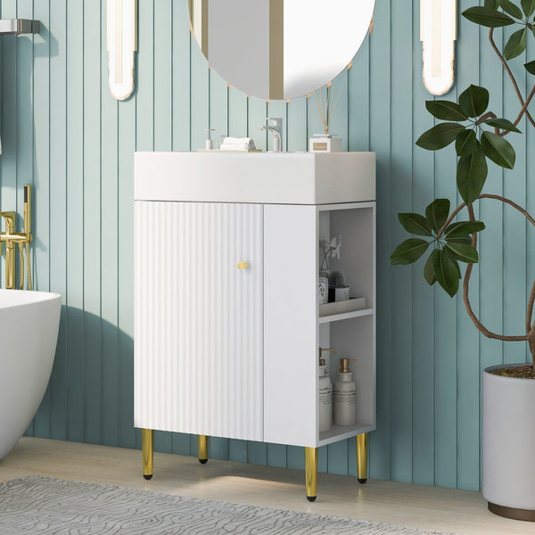 English Elm 21.6" White Bathroom Vanity with Ceramic Sink, Right Side Storage, Gold Legs, Soft-Close, Modern Elegance SV000006AAE