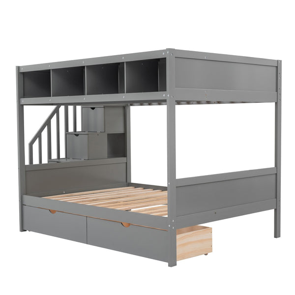 English Elm Twin Over Full Bunk Bed with Storage Staircase Built-in Shelves and Two Drawers Gray LT000228AAE-2