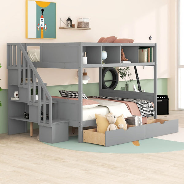 English Elm Twin Over Full Bunk Bed with Storage Staircase Built-in Shelves and Two Drawers Gray LT000228AAE-2