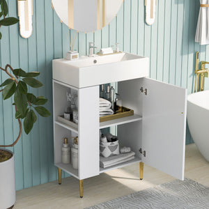 English Elm 21.6" White Left-Side Storage Bathroom Vanity with Ceramic Sink, Gold Legs, Soft-Close Door, Modern Design SV000007AAE