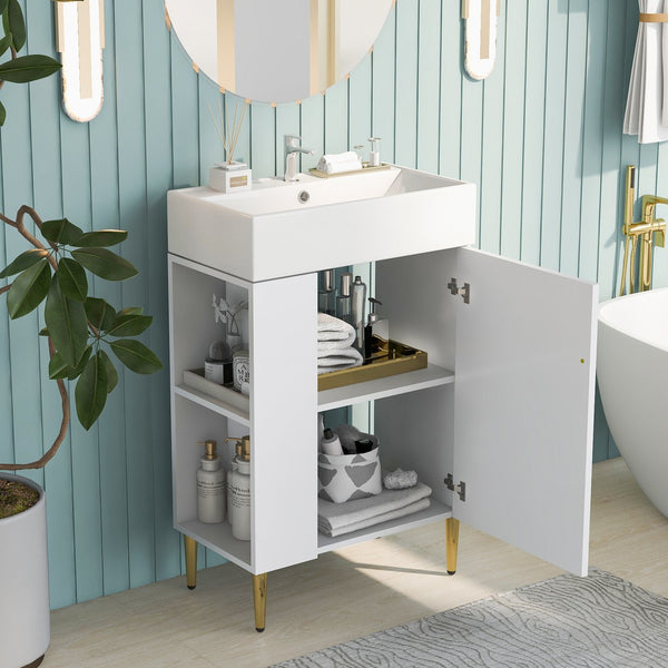 English Elm 21.6" White Left-Side Storage Bathroom Vanity with Ceramic Sink, Gold Legs, Soft-Close Door, Modern Design SV000007AAE