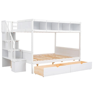English Elm Twin Over Full Bunk Bed with Storage Staircase Built-in Shelves and Two Drawers White LT000228AAK-2