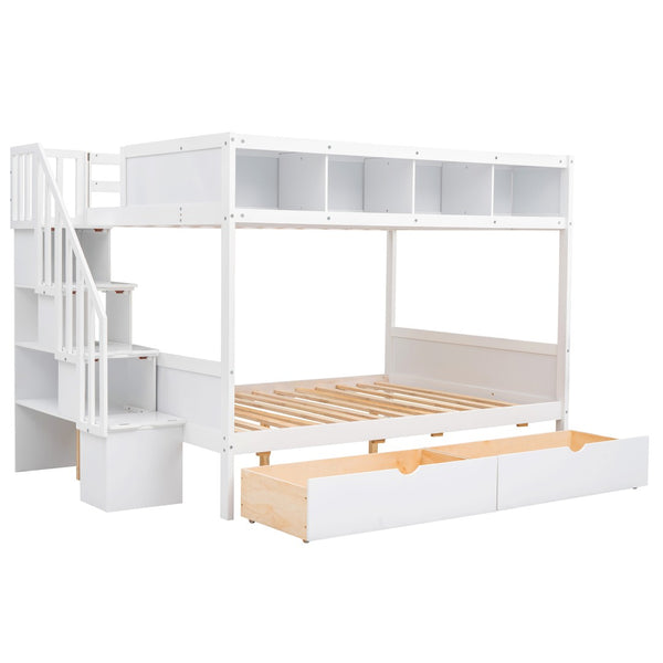 English Elm Twin Over Full Bunk Bed with Storage Staircase Built-in Shelves and Two Drawers White LT000228AAK-2