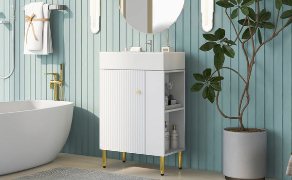 English Elm 21.6" White Bathroom Vanity with Ceramic Sink, Right Side Storage, Gold Legs, Soft-Close, Modern Elegance SV000006AAE