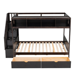 English Elm Twin Over Full Bunk Bed with Storage Staircase Built-in Shelves and Two Drawers Espresso LT000228AAP-1