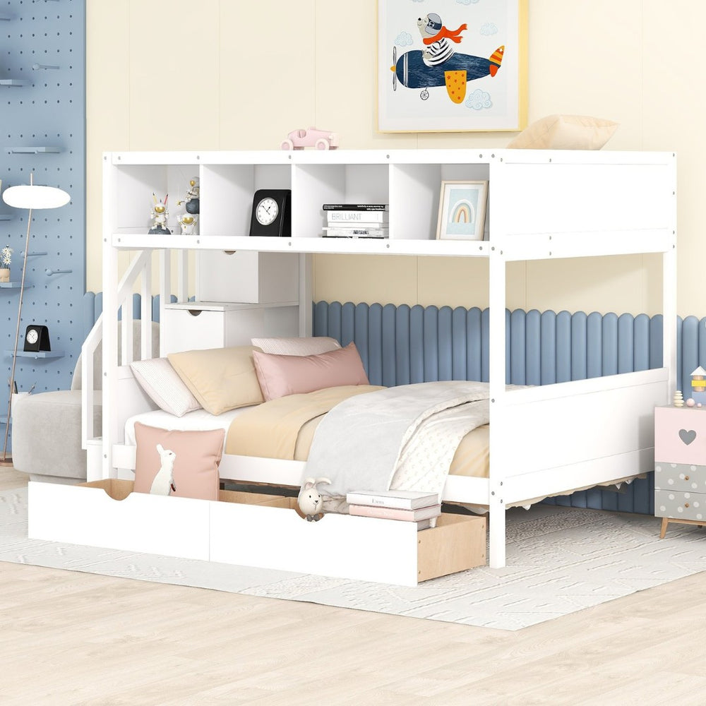 English Elm Twin Over Full Bunk Bed with Storage Staircase Built-in Shelves and Two Drawers White LT000228AAK-2