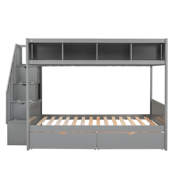English Elm Twin Over Full Bunk Bed with Storage Staircase Built-in Shelves and Two Drawers Gray LT000228AAE-2