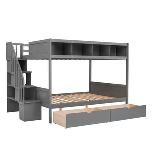 English Elm Twin Over Full Bunk Bed with Storage Staircase Built-in Shelves and Two Drawers Gray LT000228AAE-2