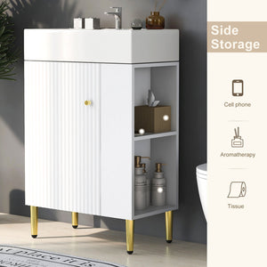 English Elm 21.6" White Bathroom Vanity with Ceramic Sink, Right Side Storage, Gold Legs, Soft-Close, Modern Elegance SV000006AAE