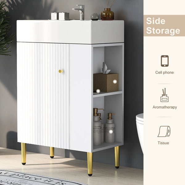 English Elm 21.6" White Bathroom Vanity with Ceramic Sink, Right Side Storage, Gold Legs, Soft-Close, Modern Elegance SV000006AAE
