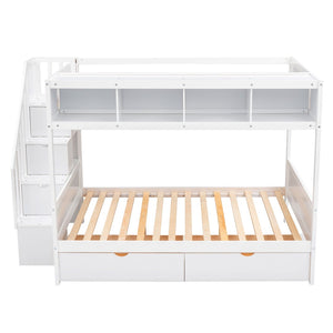 English Elm Twin Over Full Bunk Bed with Storage Staircase Built-in Shelves and Two Drawers White LT000228AAK-1