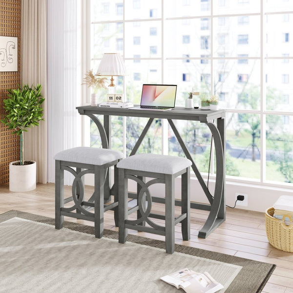 English Elm Topmax Farmhouse Counter Dining Set with Built-in Usb Charging and Upholstered Stools Gray N717P352068E