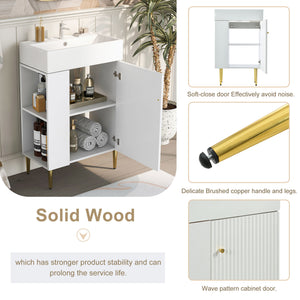 English Elm 21.6" White Left-Side Storage Bathroom Vanity with Ceramic Sink, Gold Legs, Soft-Close Door, Modern Design SV000007AAE